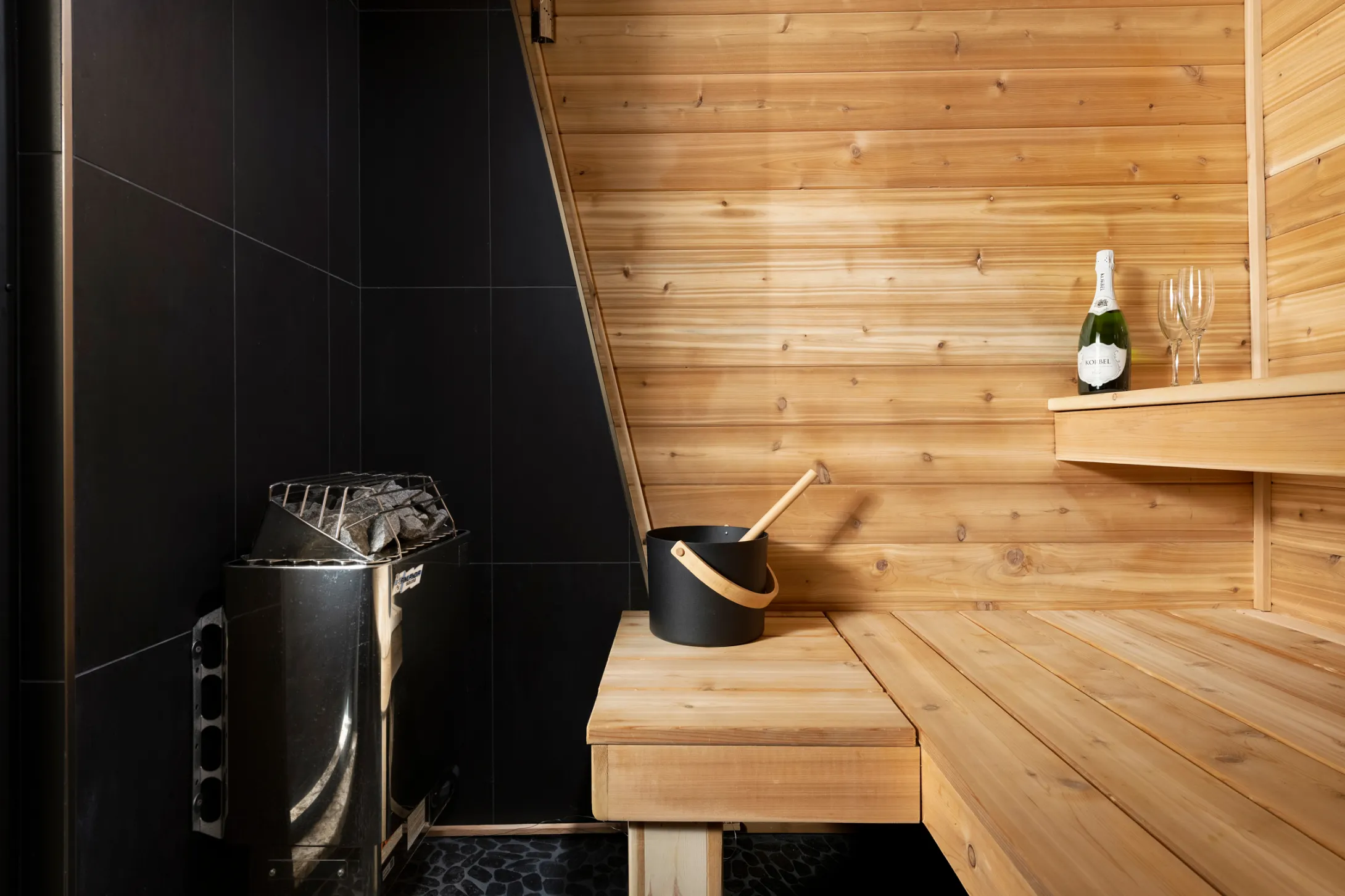 Basement bathroom sauna Finishing white birch design